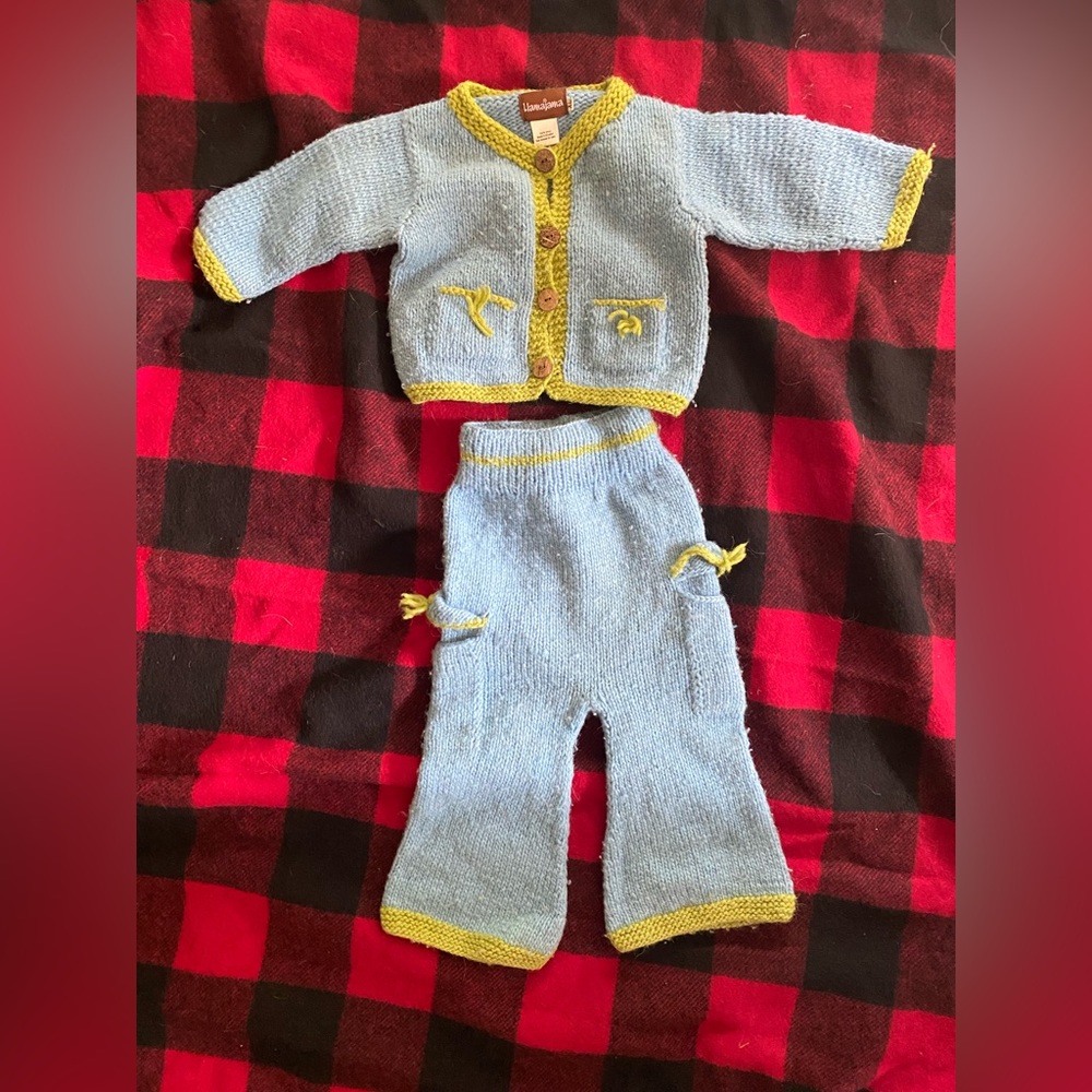 Llama Jama, wool sweater, and pants set